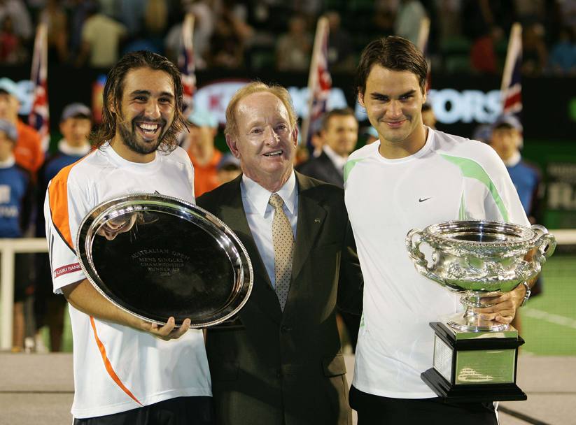 Da sinistra Marcos Baghdatis, Rod Laver e Roger Federer. (Delias)
